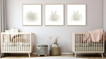 Mock up frame in children room with wooden furniture in the background with the two babycott and frames 