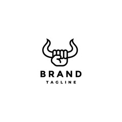 Hands Holding Horns Up Logo Design. Hands And Horns Form A Bulls Head Logo Design.