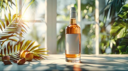 Luxury Alcohol Bottle Mockup with Blank Label and Premium Rum Drink in Shaded Tropical Setting Created with Generative AI
