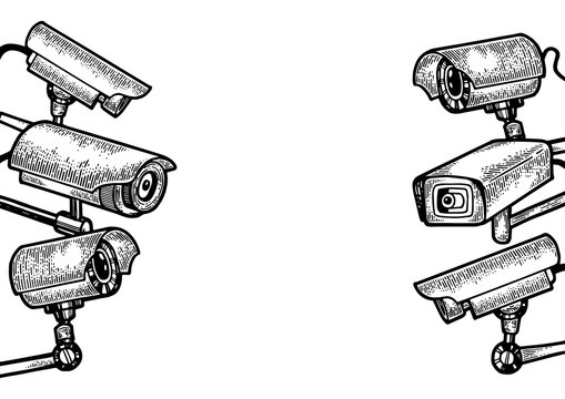 Videcam surveillance cctv cameras set sketch engraving PNG illustration. Tee shirt apparel print design. Scratch board style imitation. Hand drawn image.