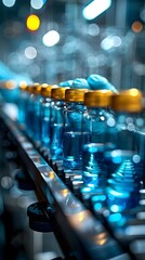 Gleaming Pharmaceutical Vials on Futuristic Conveyor Belt in Modern Healthcare Factory
