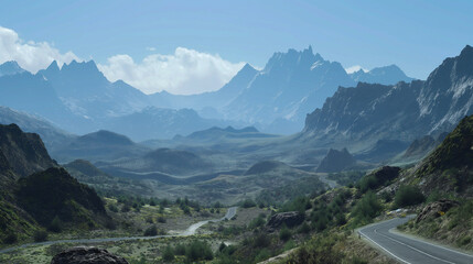 A serene mountain pass with winding roads, framed by towering peaks and a clear blue sky. 