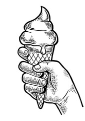 Ice cream in hand sketch engraving PNG illustration. Tee shirt apparel print design. Scratch board style imitation. Black and white hand drawn image.