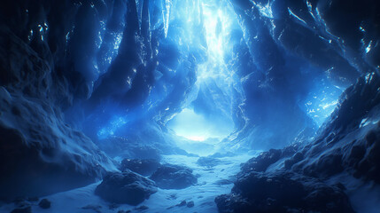 A surreal ice cave with ethereal blue light filtering through crystal formations, creating a magical ambiance