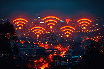 Smart city with wireless network connection and cityscape. big data connection technology concept. Wireless network and Connection technology concept with city background at night