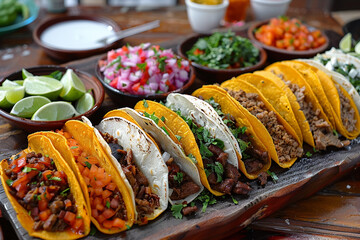 A platter of colorful tacos with various fillings and sides