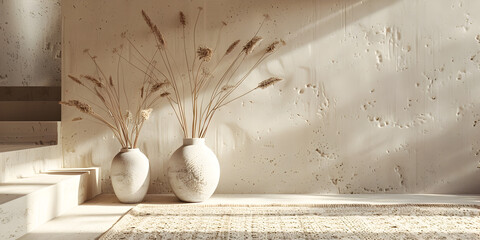 Dried flowers in a ceramic vase on a wooden table