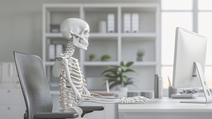 a skeleton sitting in an office chair at a desk perfectly aligning with ergonomic standards