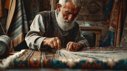 an elderly artisan weaving a Persian carpet in a rustic setting detailed focus on the colorful threads and ancient loom