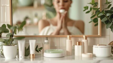 a woman at her vanity starting her day with skin care routine