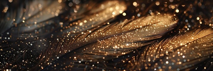 Close-up of sparkling feathers with glowing details and a dark backdrop, suggesting luxury or magic
