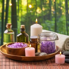 Wellness and Spa spa accessories, candles, essential oils, and bath salts in a peaceful setting