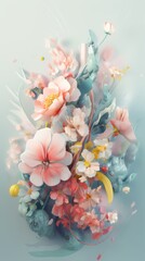 A vibrant bouquet of flowers fills a decorative vase atop a table. Bursting Blooms: A Kaleidoscope of Flowers. Generative AI