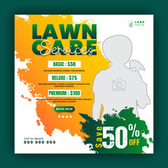 Modern lawn care garden or landscaping service for social media cover or post design template; organic food and agriculture web banner with abstract green gradient and yellow color shapes