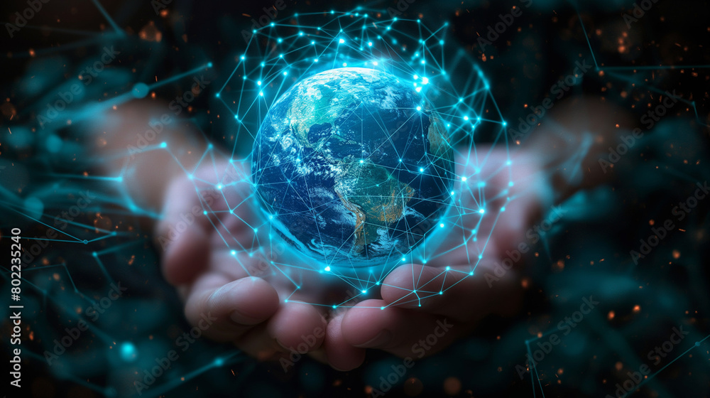 Poster hand holding of global data network, big data visualization of futuristic and block chain, financial