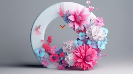 A white wreath decorated with whimsical pink and blue flowers adds a touch of elegance and charm. Generative AI