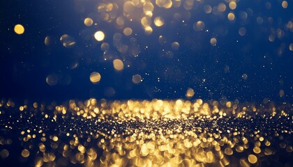 An abstract background featuring dark blue and golden particles. Christmas golden light shines, creating a bokeh effect on the navy blue background. Gold foil texture is also present