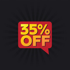 35% off sale tag. Business promotion advertising offer label, sticker. Discount banner, template, poster, social media poster. Black Background.