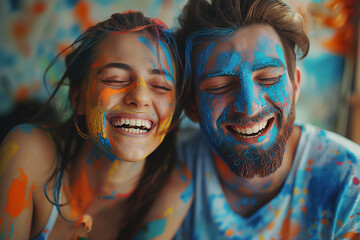 A couple's playful moment, covered in splashes of colorful paint