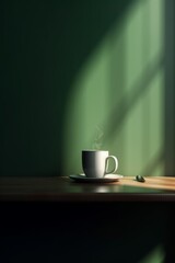 A coffee cup rests peacefully on a table. The Serenity of Morning Brew. Generative AI