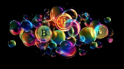 A cluster of translucent bubbles, each adorned with the Bitcoin logo, reflects light and color. Generative AI