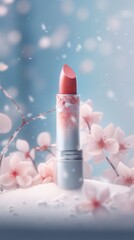 A vibrant red lipstick adorned with delicate pink flowers on a serene blue background. Blooming Beauty. Generative AI