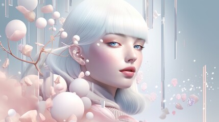 A serene woman with blue hair is surrounded by soft pink blossoms. A Vision in Blue and Pink. Generative AI