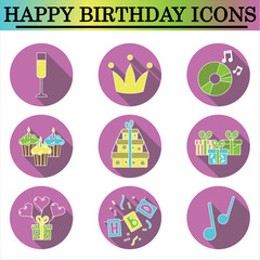 Set of birthday flat icons with shadow on the white background. Celebration icons. Isolated vector.