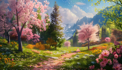 An illustration of a captivating landscape showcasing the beauty of elements from all four season