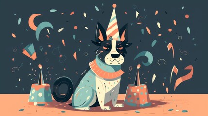 A festive whimsical white dog wearing a party hat surrounded by confetti and balloons, joyfully celebrating at a birthday party. Generative AI