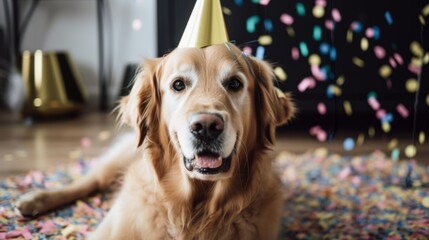 A festive whimsical white dog wearing a party hat surrounded by confetti and balloons, joyfully celebrating at a birthday party. Generative AI