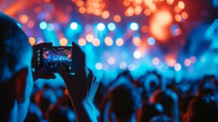 A person in a crowd captures a concert moment on a cell phone.