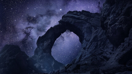 A surreal rock formation resembling a natural archway, set against a backdrop of starry night sky