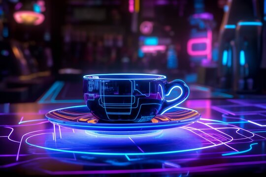 A stylish coffee cup rests gracefully on a saucer, blending cyberpunk vibes with a touch of Star Wars inspiration. Generative AI