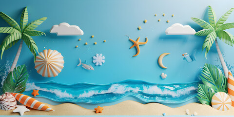 summer background with trees and starfish A collage of seashells and beach scene