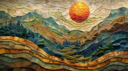 Chineese nature Mosaic , rice field, Stained Glass Illusion
