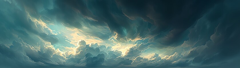 Capture a dramatic, tilted angle view of stormy skies, emphasizing swirling clouds and dim sunlight breaking through Use watercolor techniques to evoke turbulence and intensity