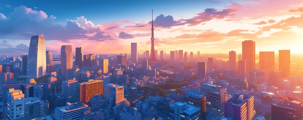 Capture a dynamic CG 3D city skyline at dusk, set against a vivid, multicolored sky, blending realism with futuristic elements