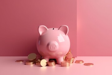 A cute pink pig sits next to a pile of shiny gold cubes, symbolizing wealth and prosperity. Generative AI