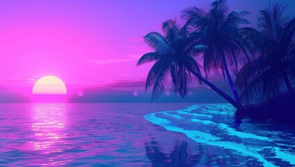 Palm trees with blue gradient background and purple sun setting.