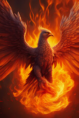 phoenix bird stepping on flames, fiery eyes, sharp wings, detailed illustration wallpaper 