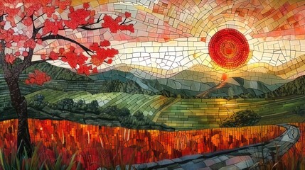 Fototapeta premium Chinese natural mosaic, rice fields, and stained glass illusion. 