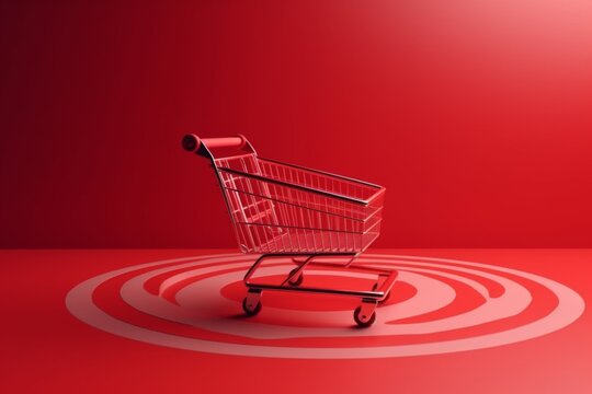 A vibrant red shopping cart stands against a bold red and white target background. Generative AI