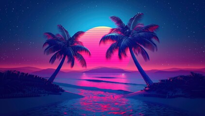 Palm trees with blue gradient background and purple sun setting.