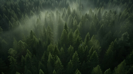 a forest of pine trees in the fog