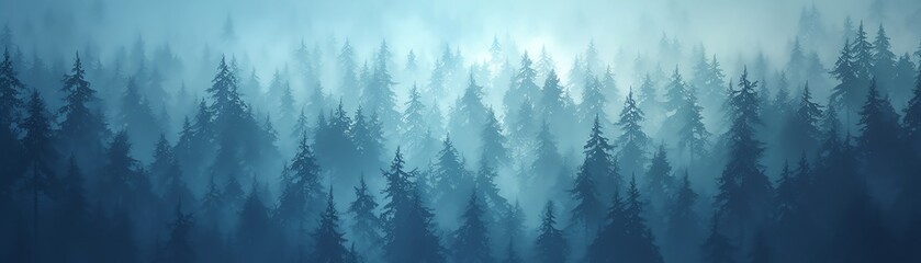 Craft a dynamic worms-eye view of a dense pine forest stretching towards a moody