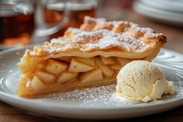 A slice of warm apple pie with a flaky crust and a scoop of vanilla ice cream