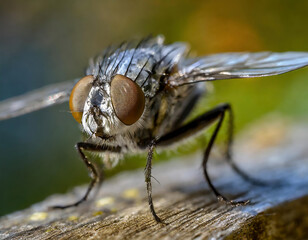 Macro shot of a house fly on a wooden surface with a blurred background. Shallow depth of field