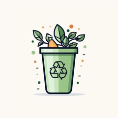 Minimalist Illustration of Eco-Friendly Waste Processing With Recycle Bin and Plant. Generative AI