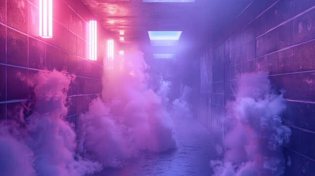 Futuristic corridor with neon lights and smoke